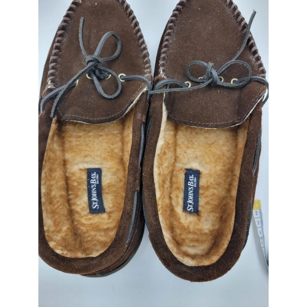 St. Johns Bay Moccasin Slippers Mens 13‎ M Brown Suede Leather Faux Fur Loafers - Picture 6 of 13